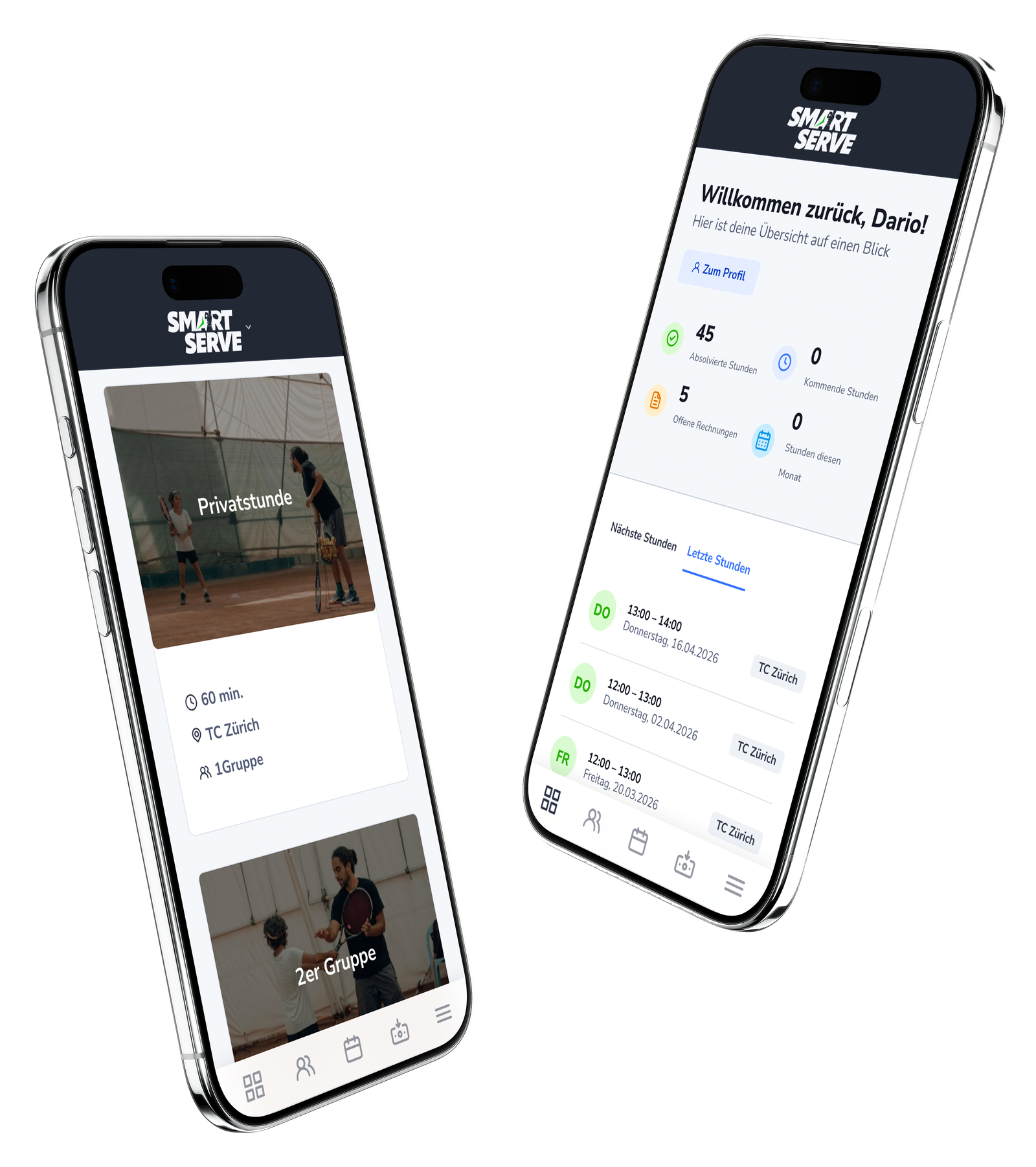 Smart Serve iOS / Android App auf dem Smartphone – Privatstunden buchen und Übersicht